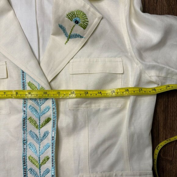 Sigrid Olsen Linen Blend Blazer Womens 6 Ivory Embroidered Floral Snap FLAW - Picture 8 of 10